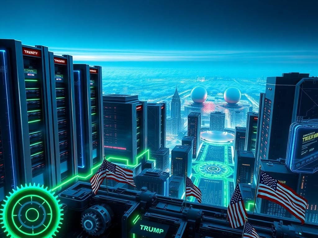 Flick International Futuristic cityscape with data centers and technology hubs illuminated by neon lights