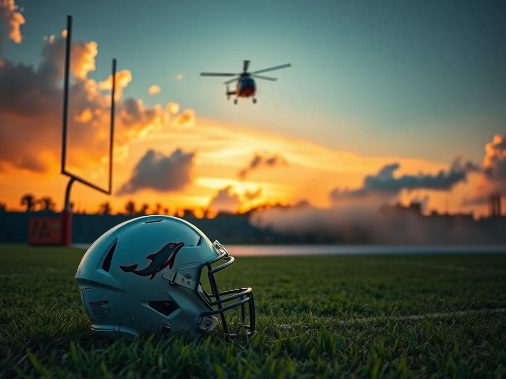 Flick International Miami Dolphins helmet on empty football field at dusk with air ambulance hovering