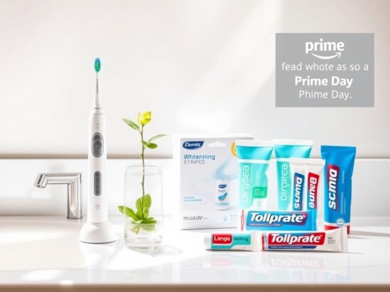Flick International Bright and clean bathroom countertop showcasing dental care products including an electric toothbrush, water flosser, whitening strips, and colorful toothpaste tubes.