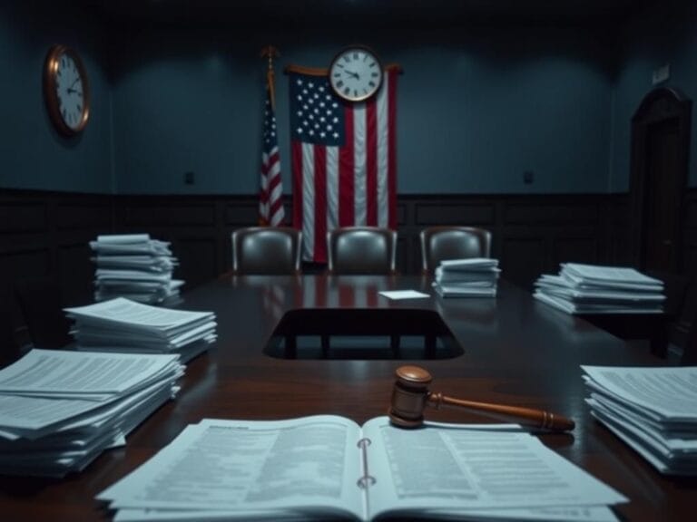 Flick International Dimly lit room with a large wooden table, stacks of paperwork, and a gavel symbolizing legislative authority in a tense atmosphere