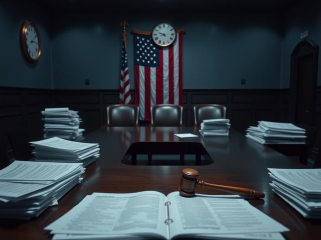 Flick International Dimly lit room with a large wooden table, stacks of paperwork, and a gavel symbolizing legislative authority in a tense atmosphere