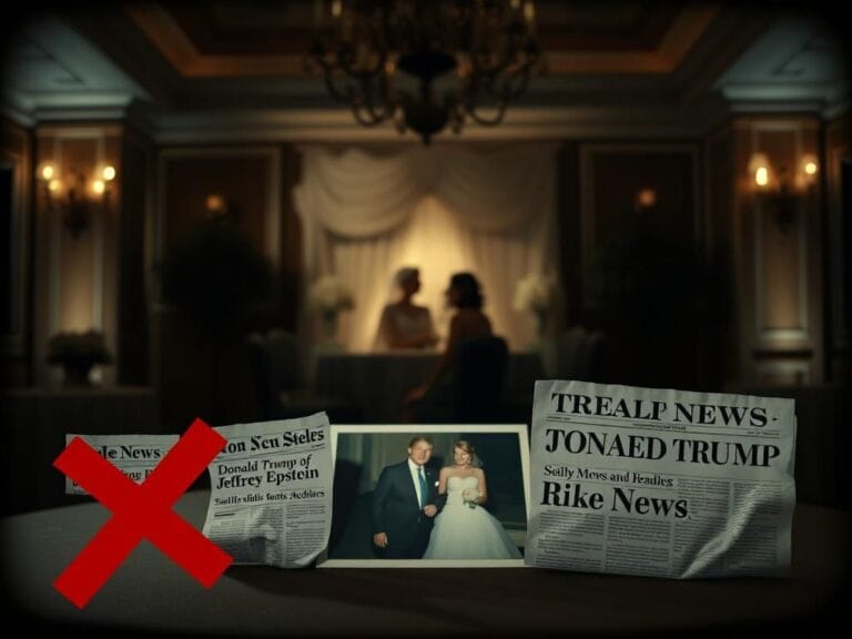 Flick International Moody wedding venue with wedding photo and newspaper clippings about Trump and Epstein