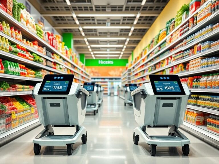 Flick International AI-powered shopping cart in a modern grocery store aisle