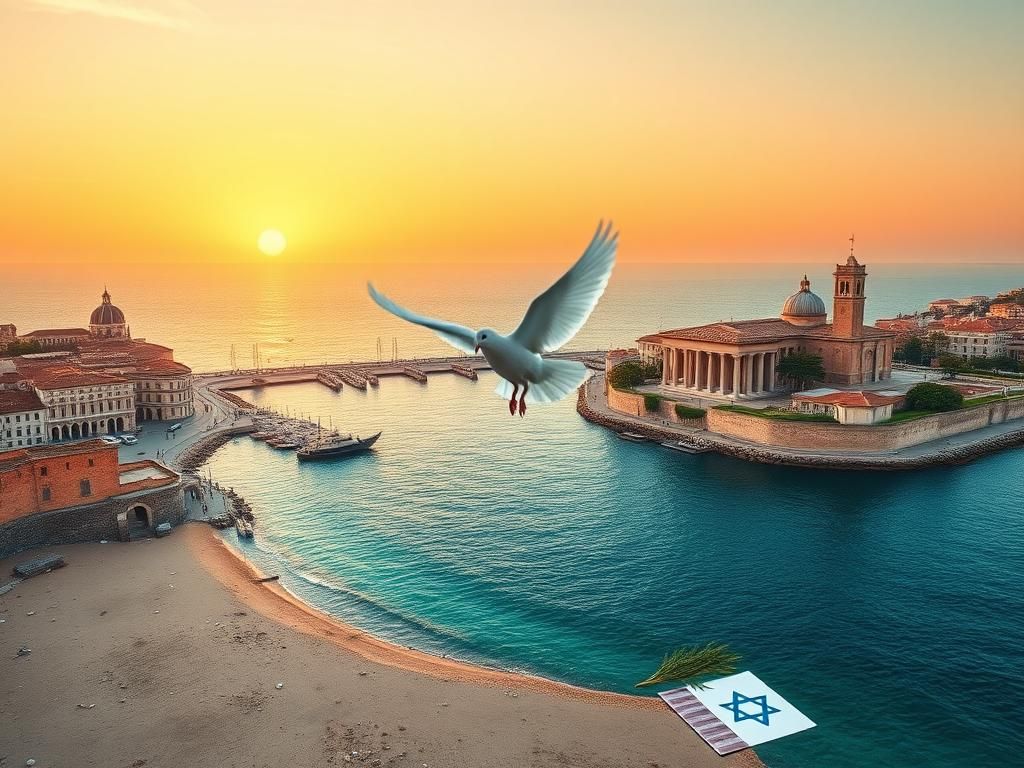 Flick International A large white dove taking flight over the Mediterranean Sea with Rome in the foreground during a sunset.
