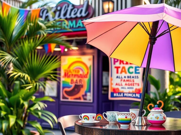 Flick International Vibrant exterior of the Kilted Mermaid bar in Vero Beach with rainbow flags and a pride event poster