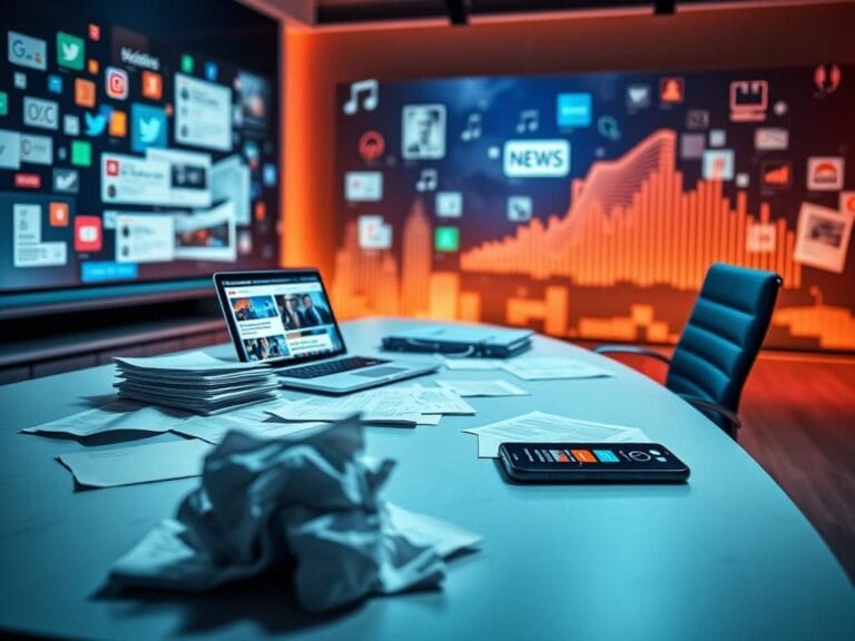 Flick International A modern newsroom setting with a sleek desk, glowing laptop, and smartphone amidst social media icons