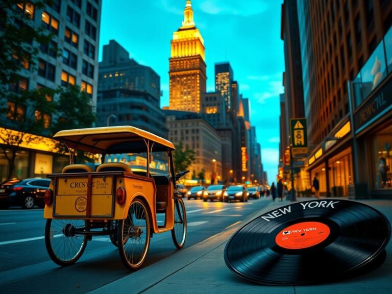 Flick International Vibrant New York City street scene featuring a pedicab and Manhattan skyline at dusk