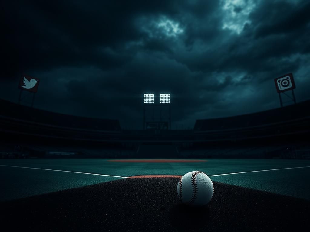 Flick International Illuminated home plate in a darkened baseball stadium with social media icons subtly blending into the shadows