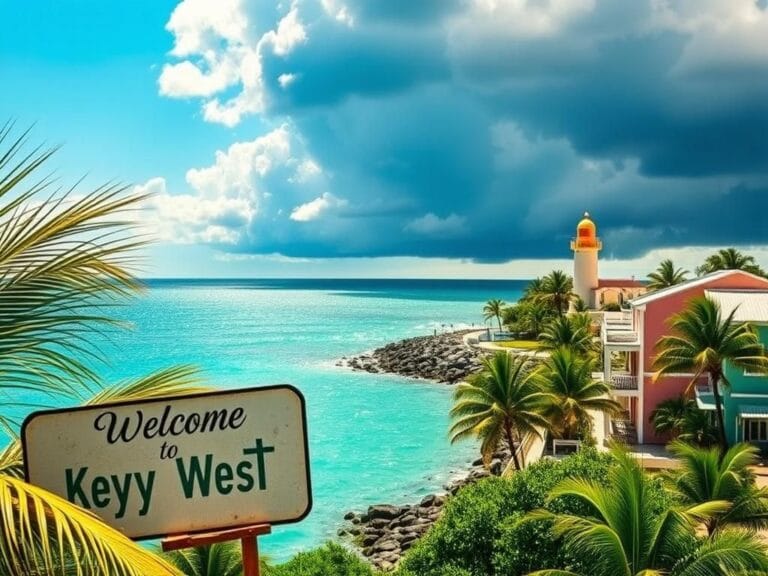 Flick International A serene coastal scene of Key West, Florida with pastel buildings and palm fronds