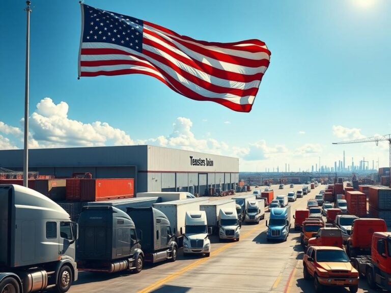 Flick International A bustling truck depot with large trucks and an American flag symbolizing patriotism and the middle class