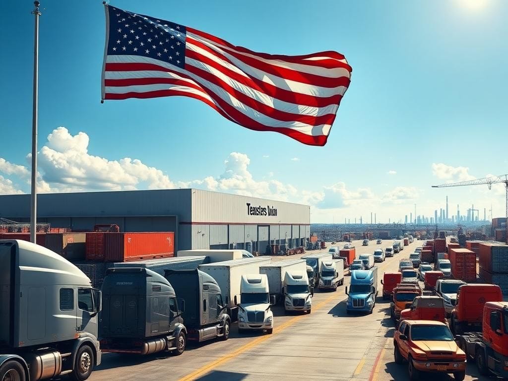 Flick International A bustling truck depot with large trucks and an American flag symbolizing patriotism and the middle class