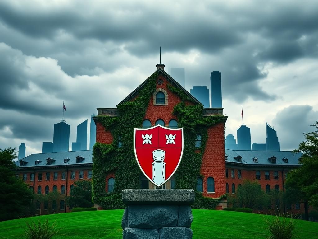 Flick International An imposing brick building representing Harvard University, entwined with ivy, under a sky of gray and blue, symbolizing national security concerns.