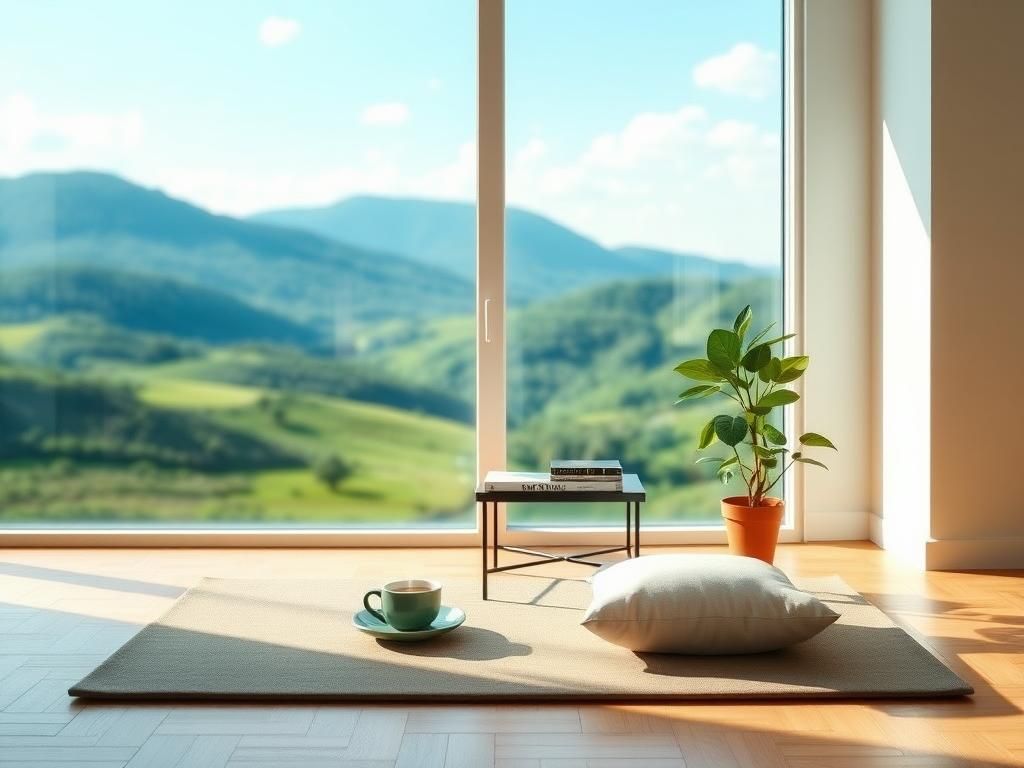 Flick International A serene meditation space with yoga mat and picturesque landscape