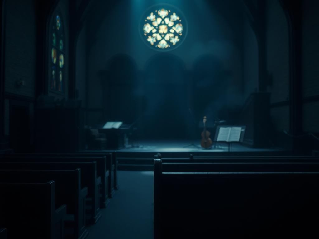 Flick International A dimly lit St. Paul's Church interior with an empty concert stage and scattered sheet music after a sudden incident