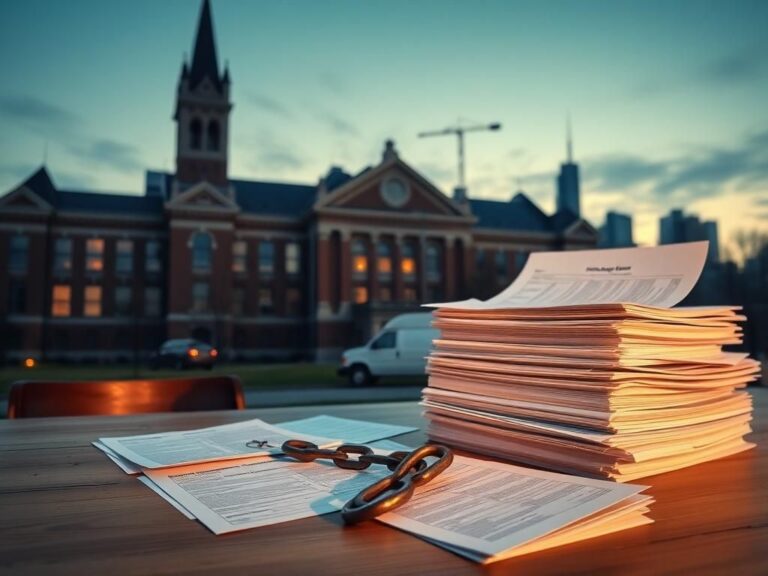 Flick International A stately Chicago Public Schools building with the Chicago skyline during early evening.