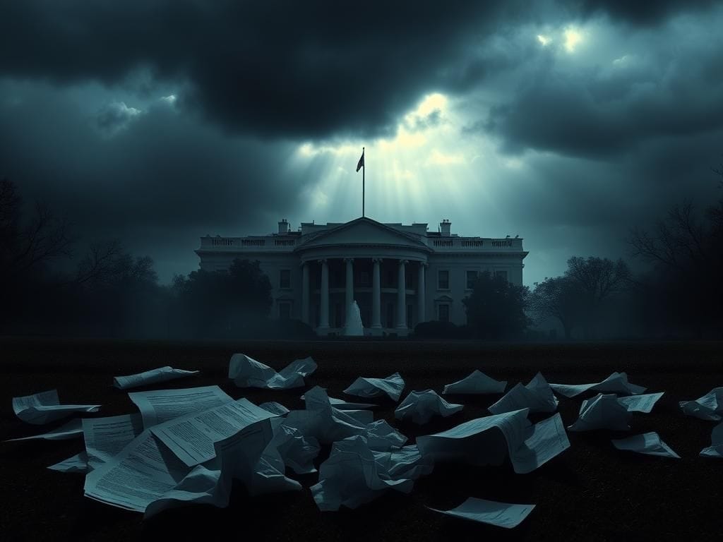 Flick International A dark, brooding landscape with the White House silhouette shrouded in mist, symbolizing political tension