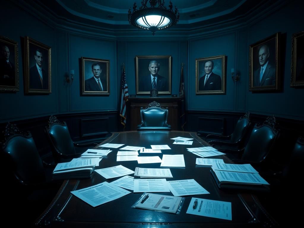 Flick International Dimly lit conference room with documents on Epstein and Biden