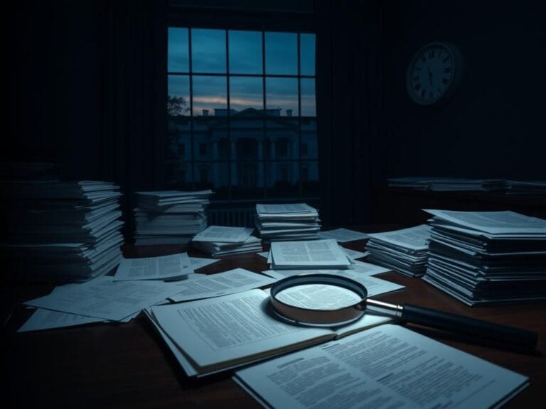 Flick International Dimly lit room with official documents and redacted papers, symbolizing secrecy and political intrigue