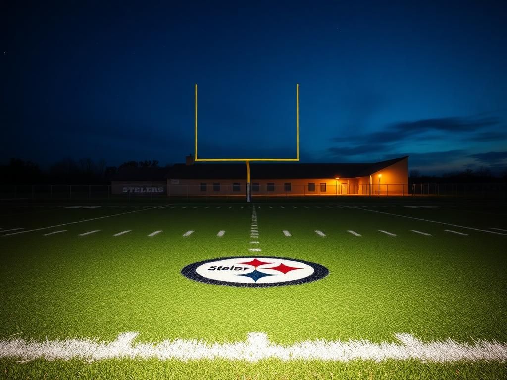 Flick International Empty football field at dusk with the Pittsburgh Steelers logo