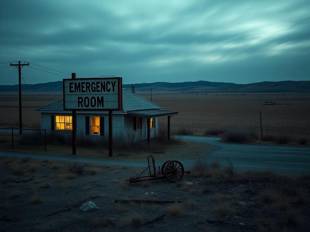 Flick International A rundown hospital in a barren rural landscape at dusk, with flickering lights and an overgrown sign