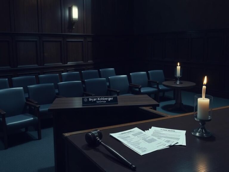 Flick International somber courtroom interior with empty bench and gavel on dark wooden desk
