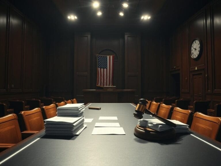 Flick International Dimly lit courtroom showcasing a tense legal atmosphere during a significant immigration case