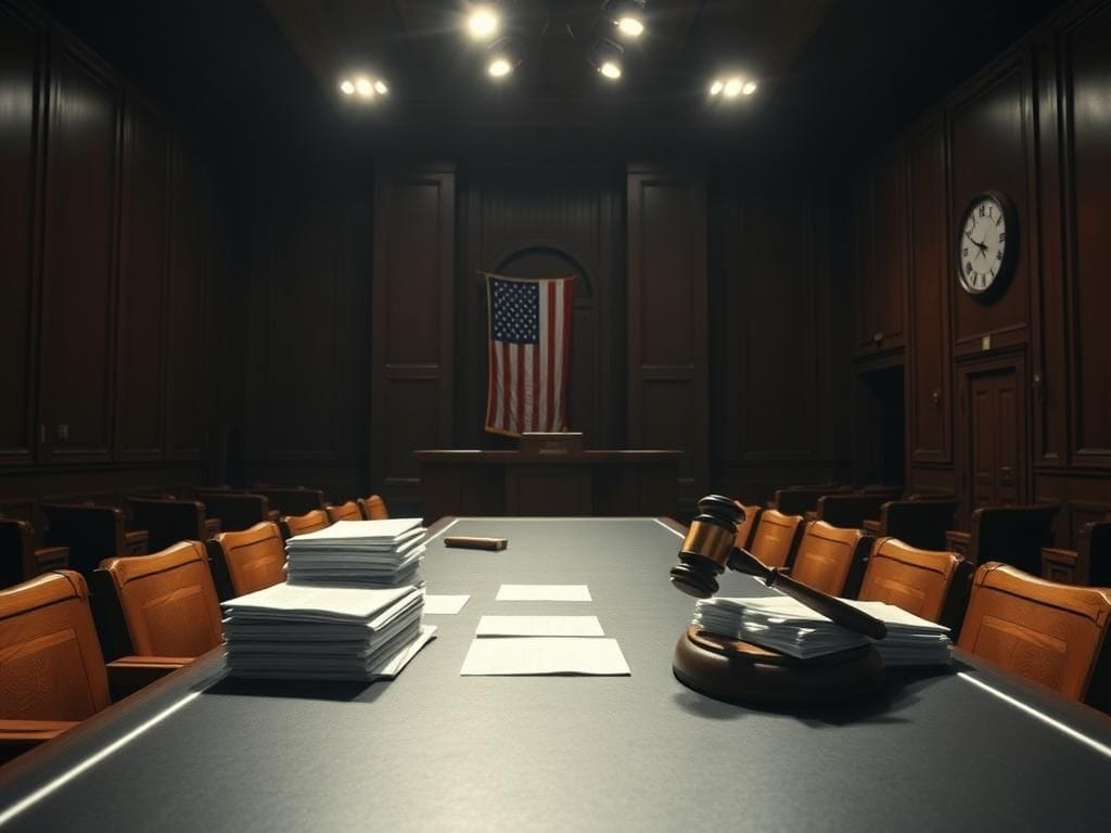 Flick International Dimly lit courtroom showcasing a tense legal atmosphere during a significant immigration case