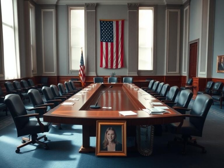 Flick International Senate hearing room with a long wooden table and empty chairs symbolizing political discourse