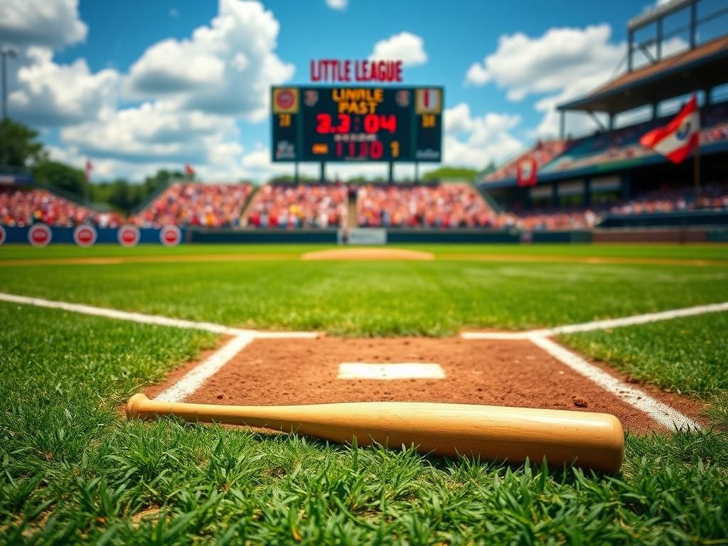 Flick International Vibrant baseball diamond scene with a bat on the ground and cheering crowd silhouettes in the background