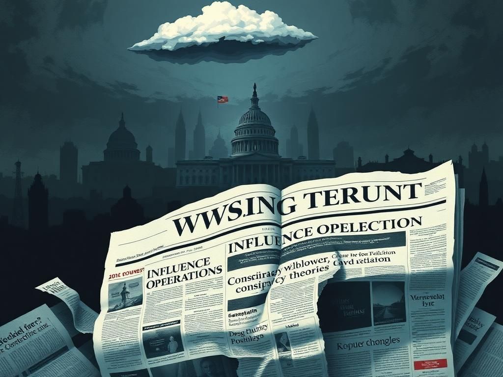 Flick International A dark, moody illustration representing the tumultuous 2016 U.S. election with fragmented newspaper headlines.