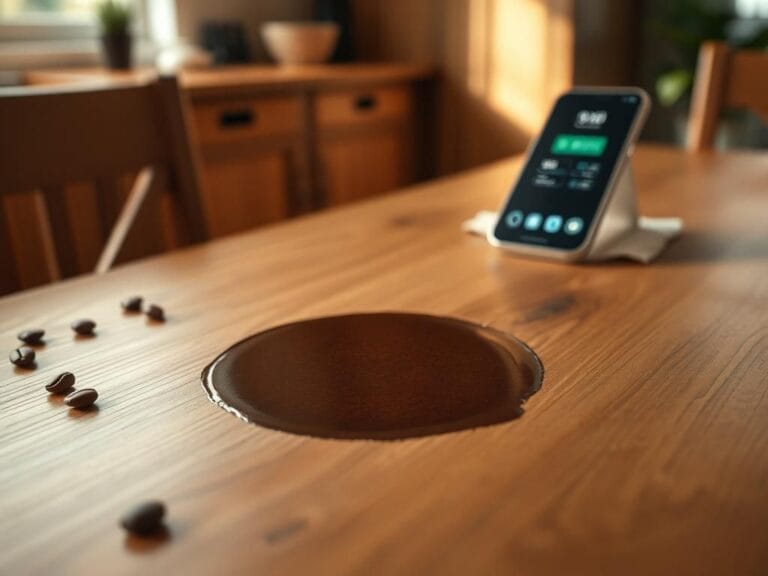 Flick International Close-up of a coffee ring stain on a wooden table surrounded by coffee beans and a crumpled napkin