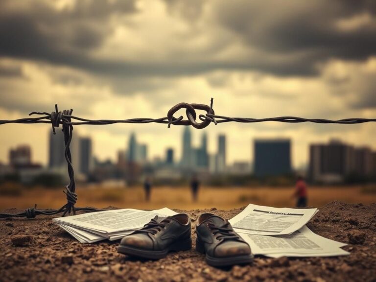 Flick International Broken chain link on a weathered barbed wire fence symbolizing immigration struggles