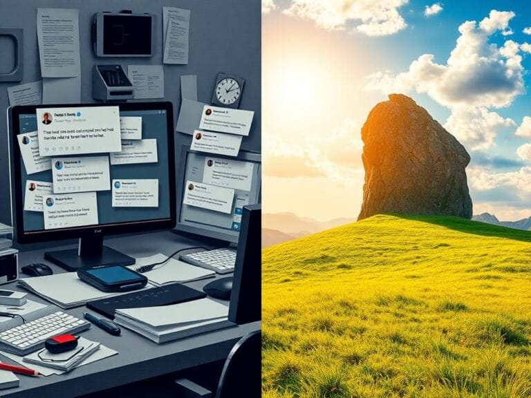 Flick International A split-scene image contrasting political caution with boldness, showing a cluttered desk and a vibrant landscape.