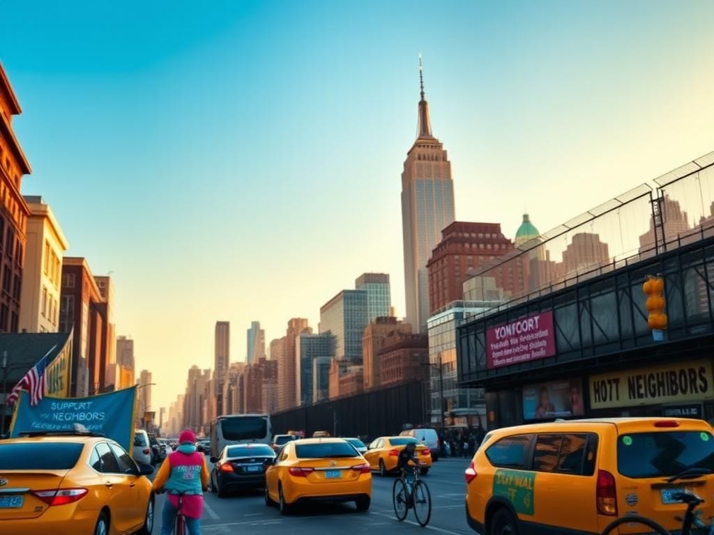 Flick International Cityscape of New York featuring the iconic skyline with the Empire State Building and One World Trade Center under a blue sky