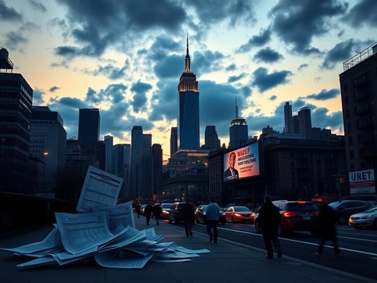 Flick International Bustling New York City skyline at dusk with tax forms spilling onto the sidewalk