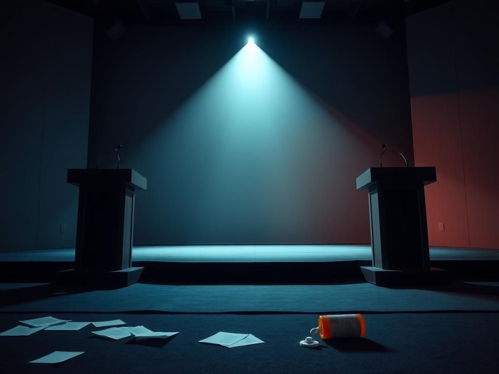 Flick International A dimly lit debate stage with abandoned podiums and an Ambien prescription bottle on the floor