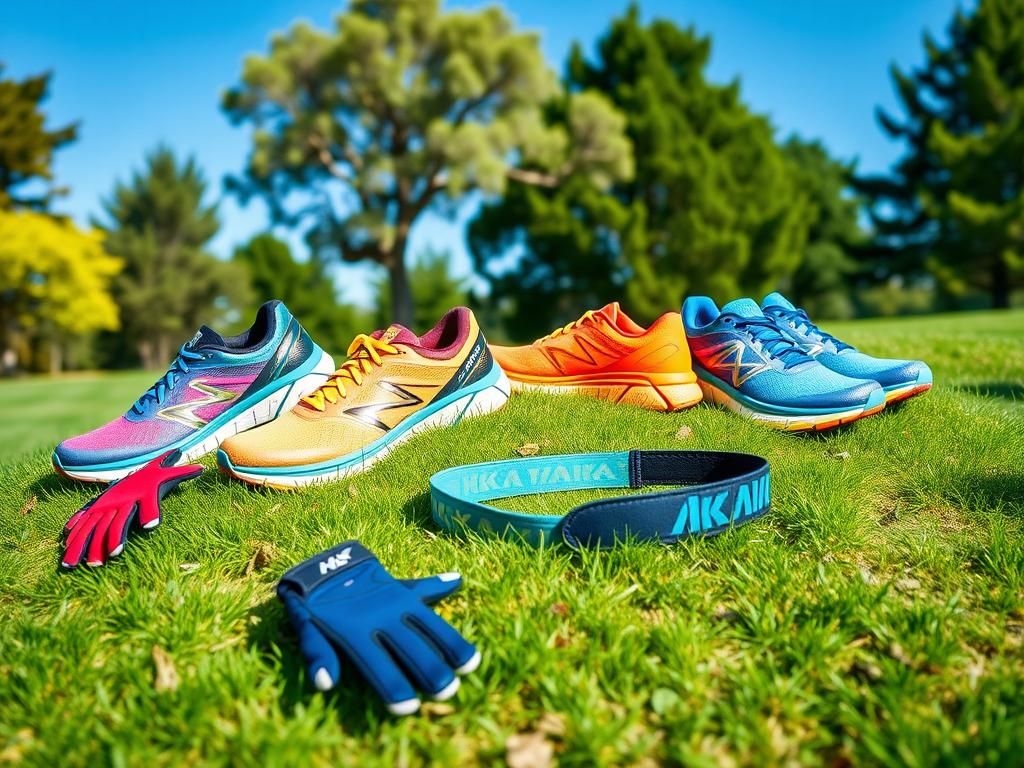 Flick International A vibrant outdoor display of colorful Hoka running shoes and fitness apparel on a grassy patch.