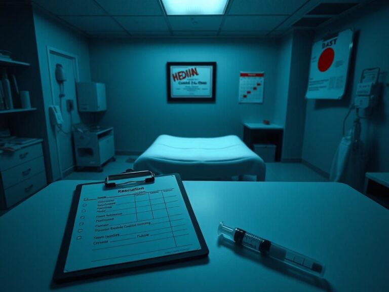 Flick International dimly lit medical office with examination table and scattered equipment