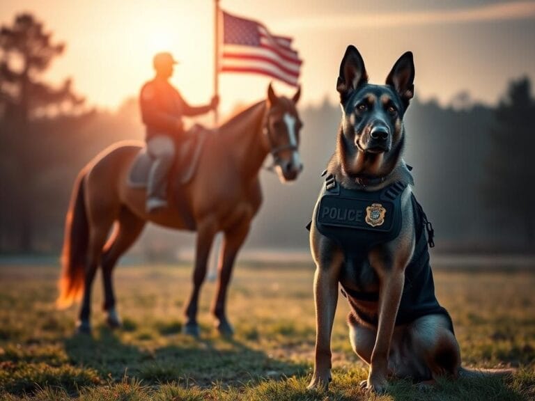 Flick International Proud police K9 German Shepherd in tactical vest stands guard next to a chestnut police horse with American flag in the background