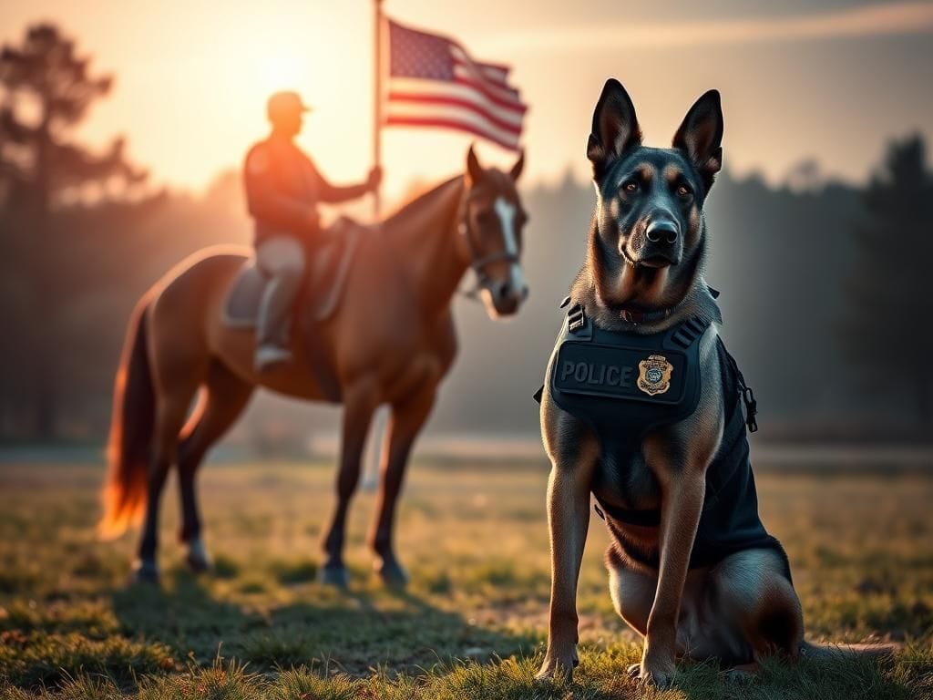 Flick International Proud police K9 German Shepherd in tactical vest stands guard next to a chestnut police horse with American flag in the background