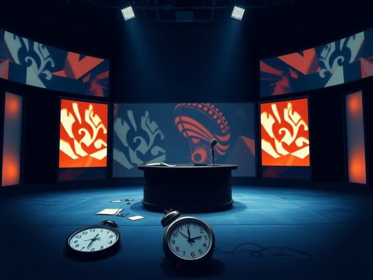 Flick International Dimly lit late-night television studio with empty host desk and broken clock