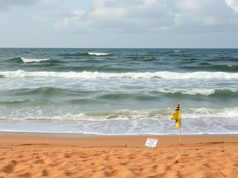 Flick International Turbulent ocean view with visible rip currents and sandy beach, emphasizing safety precautions