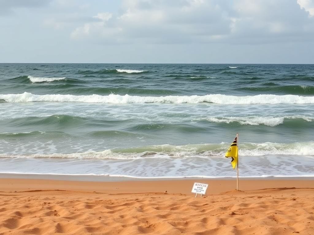 Flick International Turbulent ocean view with visible rip currents and sandy beach, emphasizing safety precautions