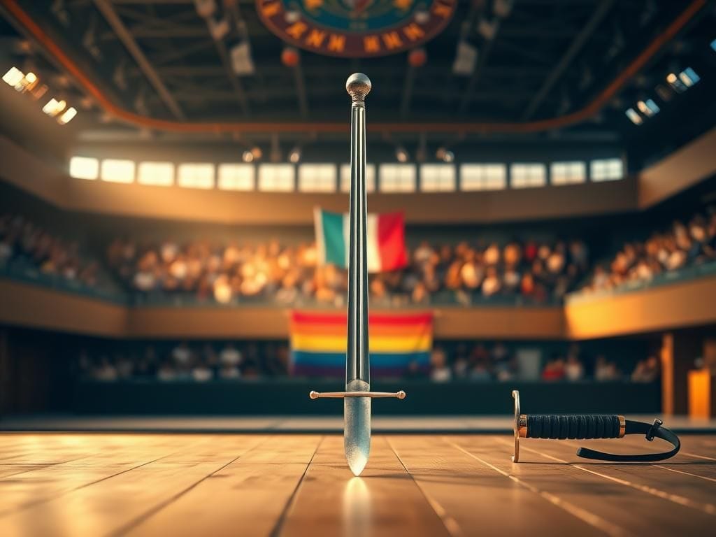 Flick International A sleek fencing sword on a wooden floor in a dynamic fencing arena, symbolizing competitive spirit and sportsmanship.