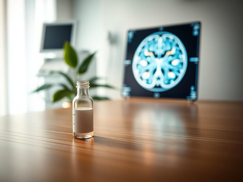 Flick International Close-up of an experimental drug vial next to a glowing MRI scan in a tranquil healthcare setting