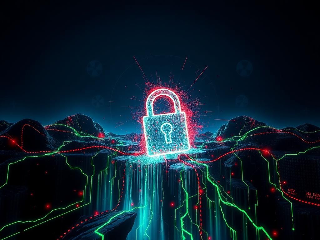 Flick International Abstract representation of cybersecurity vulnerabilities with fragmented digital landscape and glowing grids