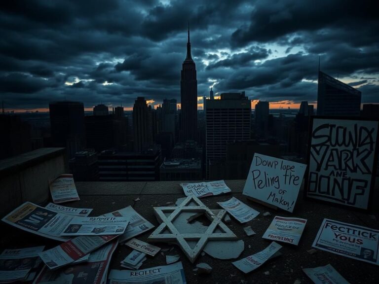 Flick International Shadowy New York City skyline at dusk with dark clouds and a broken Star of David