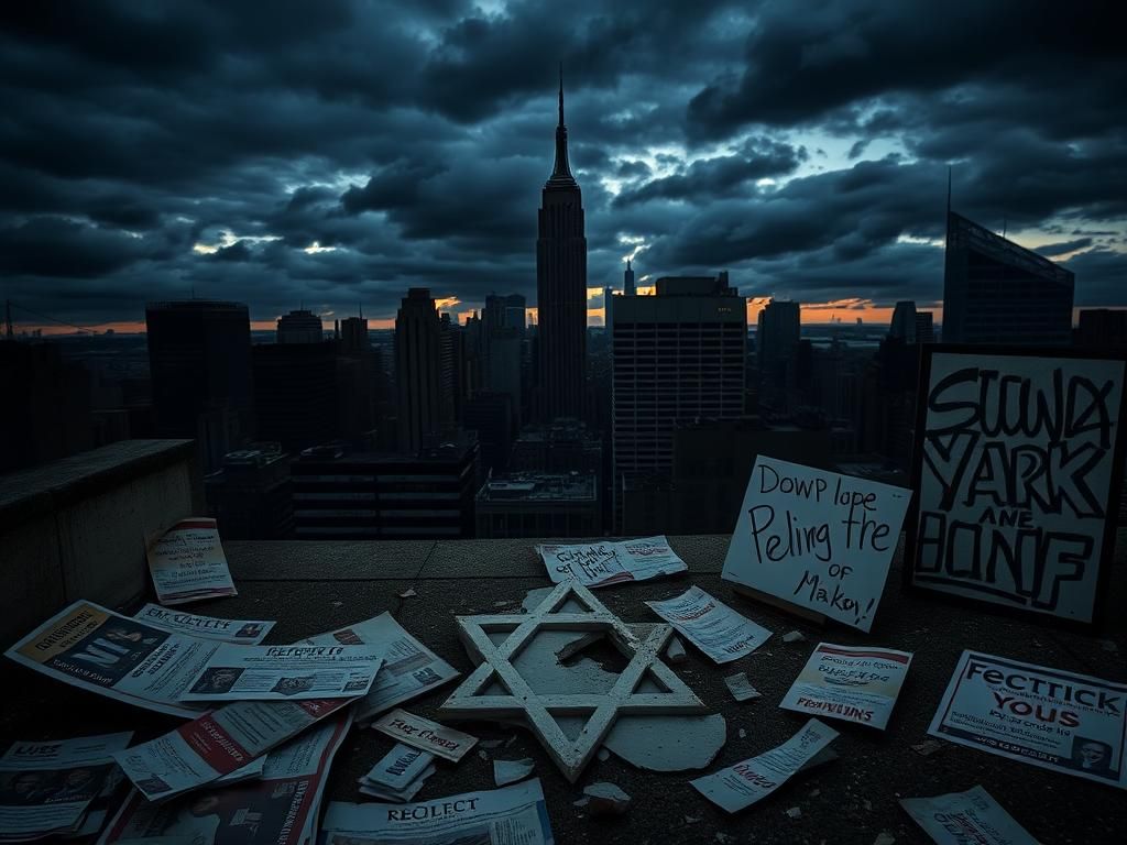 Flick International Shadowy New York City skyline at dusk with dark clouds and a broken Star of David