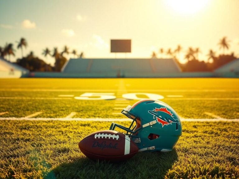 Flick International A vibrant Miami Dolphins helmet resting on the grass beside a football, showcasing team spirit and the essence of the Miami football scene.