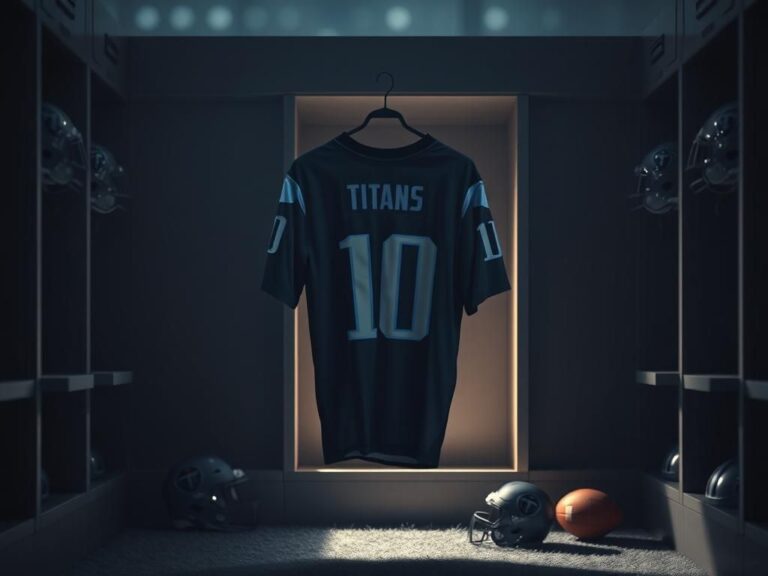 Flick International Empty Tennessee Titans locker room with jersey and equipment reflecting sudden retirement of Lorenzo Carter